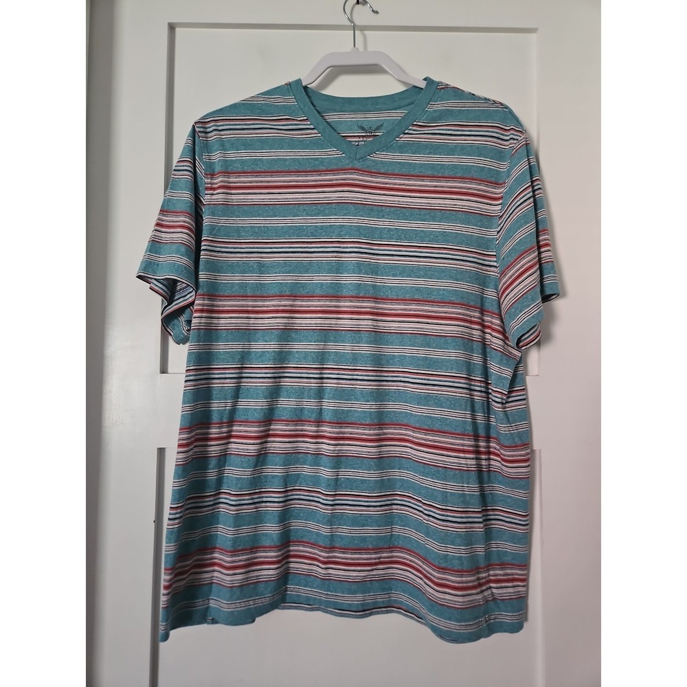 Y2K 2000s Faded Glory Heather Teal Striped Vneck T-Shirt Distressed XL - Picture 12 of 12